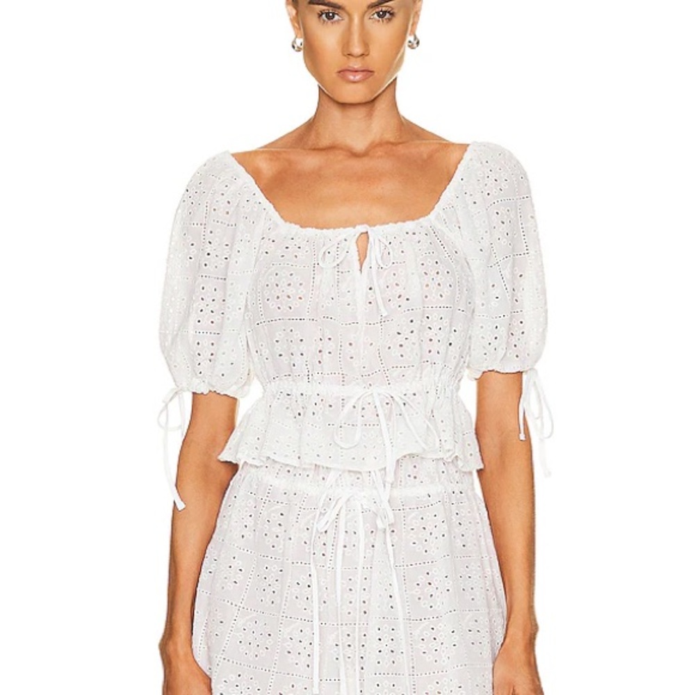 Ganni Cream Eyelet Blouse with Bow Accent